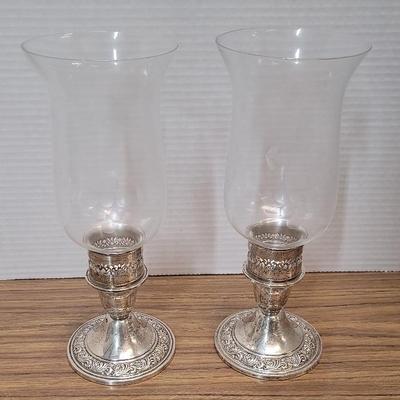 Pair of Alvin Sterling Silver Candle Holders with Hurricane Glass Glass Globes 16.9 Oz.