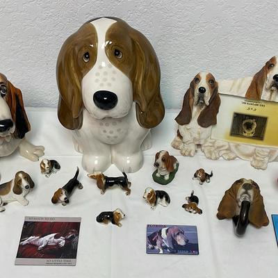 Basset Hound Lot Cookie Jar, Frame, Figurines, Magnets And Hook