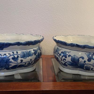 Two Blue & White 14” Planters