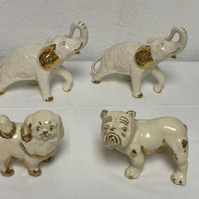 Porcelain Elephants & Dogs White With Gold Accents
