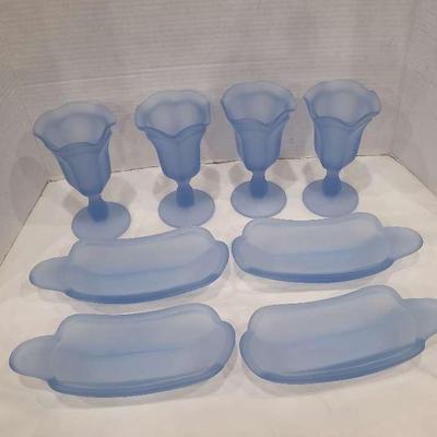 Vintage Indiana Glass Frosted Blue Sundae Dishes