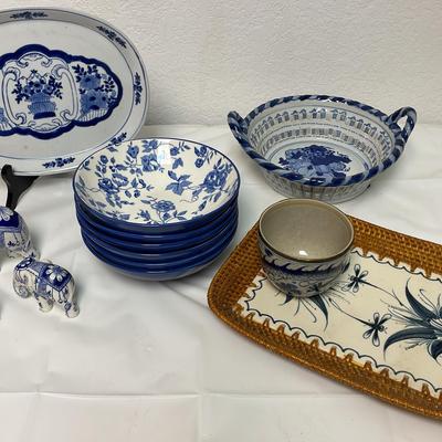 Blue & White Decorative Elephants And Serving Pieces