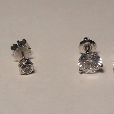 Two Pairs of Earrings 14k White Gold Clear Stone, Unmarked Pair w/Diamond 