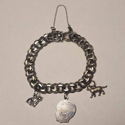 Chunky Sterling Silver Bracelet with Cat Charms Size 7.5