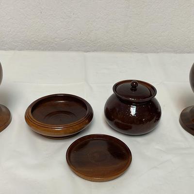 Desk Accessories Lot, Wood Pen/ Pencil Holders, Coaster, Small Dish, Covered Container
