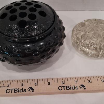 Vintage L.E. Smith Black Amethyst Glass Hobnail Flower Frog Vase And Friend