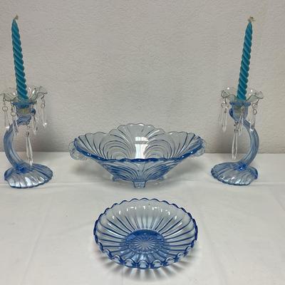 Cambridge Caprice Oval Footed Bowl & Pair Of Candle Holders + Candy Dish