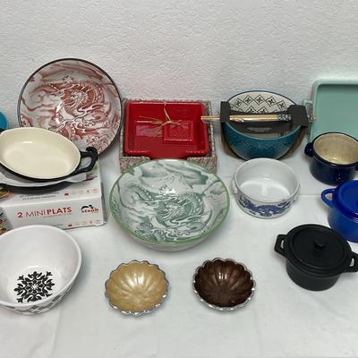 Serving ware Lot With Dragon Bowls, Rice Bowl W/ Chopsticks And More