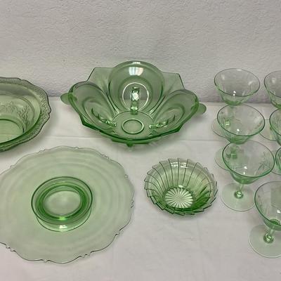 Green Depression Glass Bowls, Platter, Goblets 