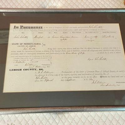 US citizenship certificate from 1874 (Pennsylvania)