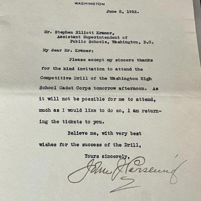 Signed 1922 John J. Pershing letter