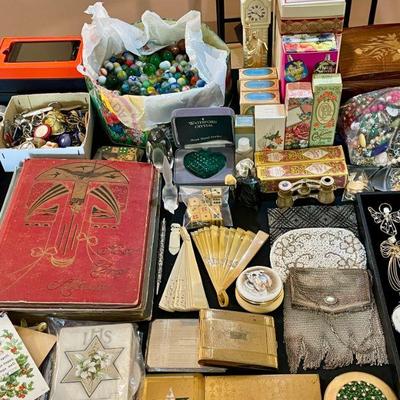 Vintage/antique postcard books, vintage beaded purses, marbles and other fun goodies