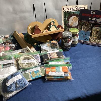 Cross Stitch Book, The Brush Stroke Book, 2 Botton Jars,Thread, Wood Country Key Rack