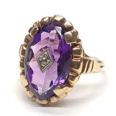 Art Deco 14K Gold Cut Amethyst & Diamond Ring