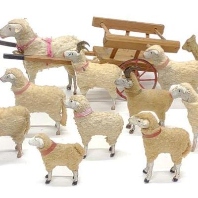 13 Antique German Putz Wool Stick Leg Sheep
