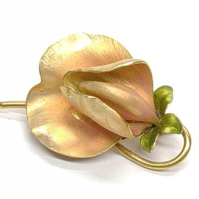 14K Gold Art Nouveau Orchid Enamel Brooch