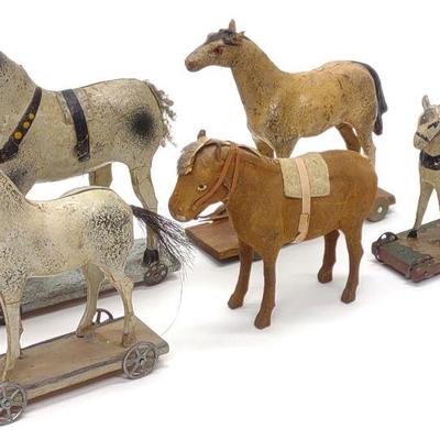 5 German Paper Mache Horse Pull Toys