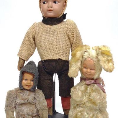3 Antique Celluloid Face Dolls & Rabbit Doll