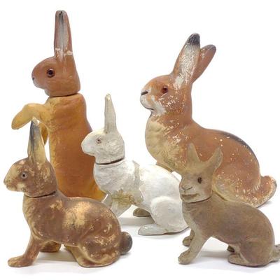 5 Early German Easter Rabbit Candy Containers