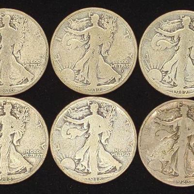 (6) Walking Liberty Half Dollar US Coins (1916-23)