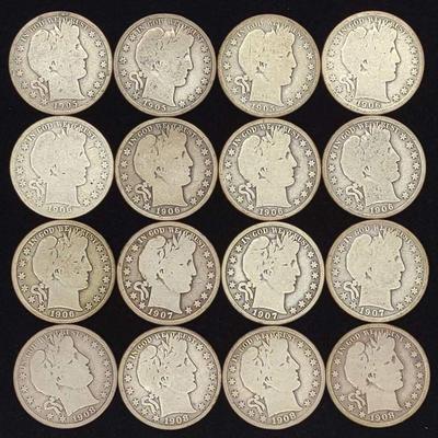 (16) Barber Half Dollar US Coins (1905-1908)