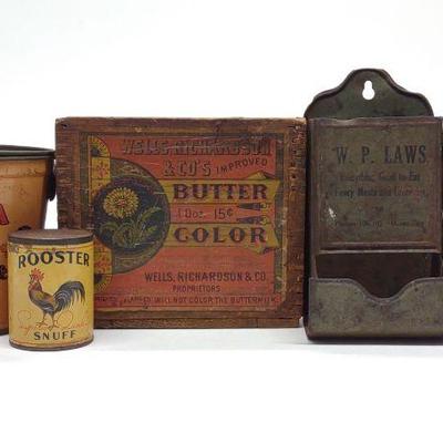 5 Antique / Vintage Advertising Tins & Crate