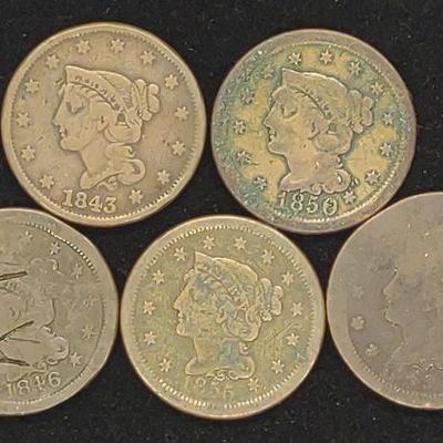 (5) Braided Hair Large Cent US Coins (1843-1855)