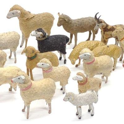 18 Antique German Putz Wool Stick Leg Sheep