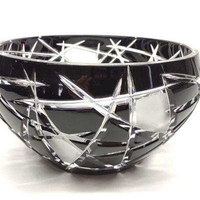 Bohemian Black Cut to Clear Frosted Crystal Bowl