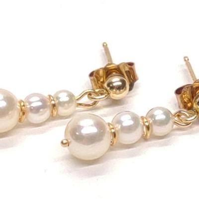 14K Gold Triple Pearl Drop Earrings
