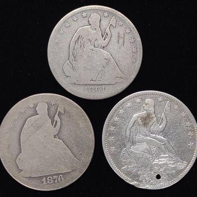 3 Seated Liberty US Half Dollars (1861-O, 1876-S)