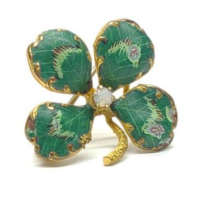 Art Nouveau Opal Enamel Gold Filled Clover Brooch