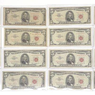 (16) $5 Red Seal Federal Reserve US Bank Notes
