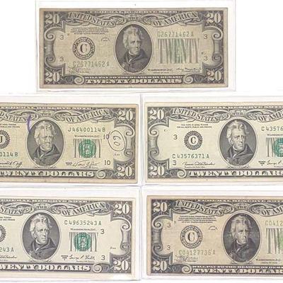 (5) $20 Green Seal Federal Reserve US Bank Notes