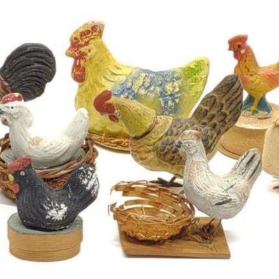 11 German Hen Candy Containers & Spun Wool Chicks