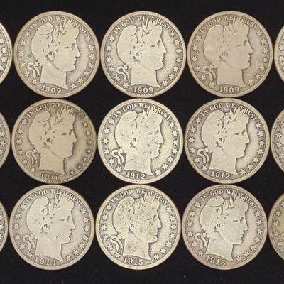 (15) Barber Half Dollar US Coins (1908-1915)