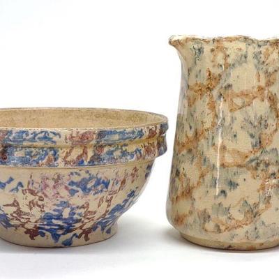 Antique Spongeware Pottery Pitcher & Bowl