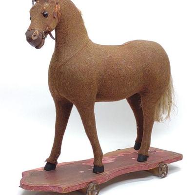 Antique Large German Felt Covered Horse Pull Toy