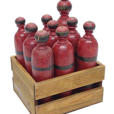 9 pc Antique Red Wooden Skittle Pin Set