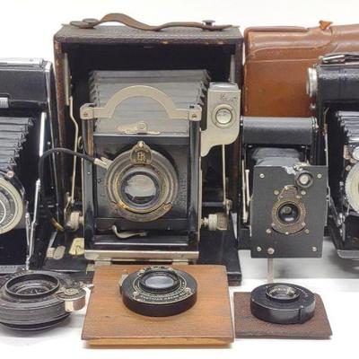 4 Vintage Kodak Folding Cameras & 3 Lenses
