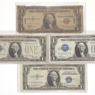 (4) $1 Red, Blue & Star US Federal Bank Notes