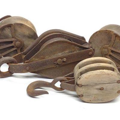 4 Antique Wood & Iron Pulleys