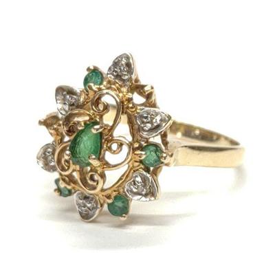 10K Gold Emerald & Diamond Cocktail Ring (sz 8)