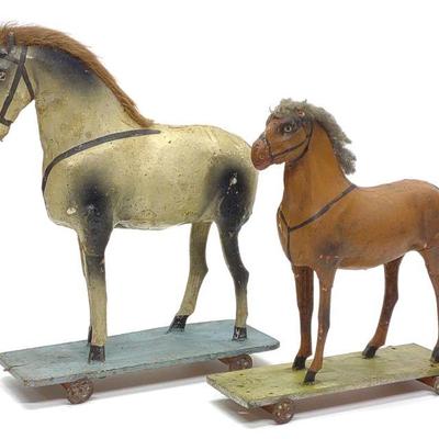 Two Antique German Paper Mache Horse Pull Toys