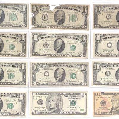 (12) $10 Green Seal Federal Reserve US Bank Notes