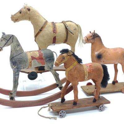 4 Antique German Horse Toys (3 Pull & 1 Rocking)