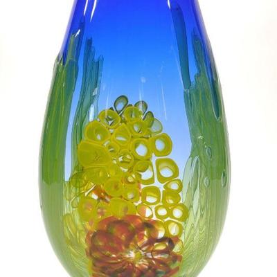 David Leppla Blue Seascape Art Glass Vase 17.25"