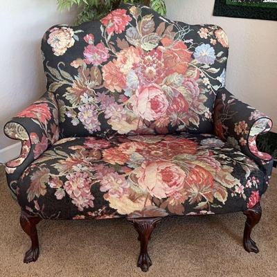 Queen Anne Style Walnut Settee With Floral Needlepoint Style Upholstery