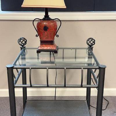 Wrought Iron Glass Top Side Table With Lamp