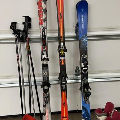 Salomon Siam 7 56in., Volki Supersport 65in. Merlin IV K2 73in., 5 ski poles, men's ski boots 10.5, women's ski boots 315/24.5